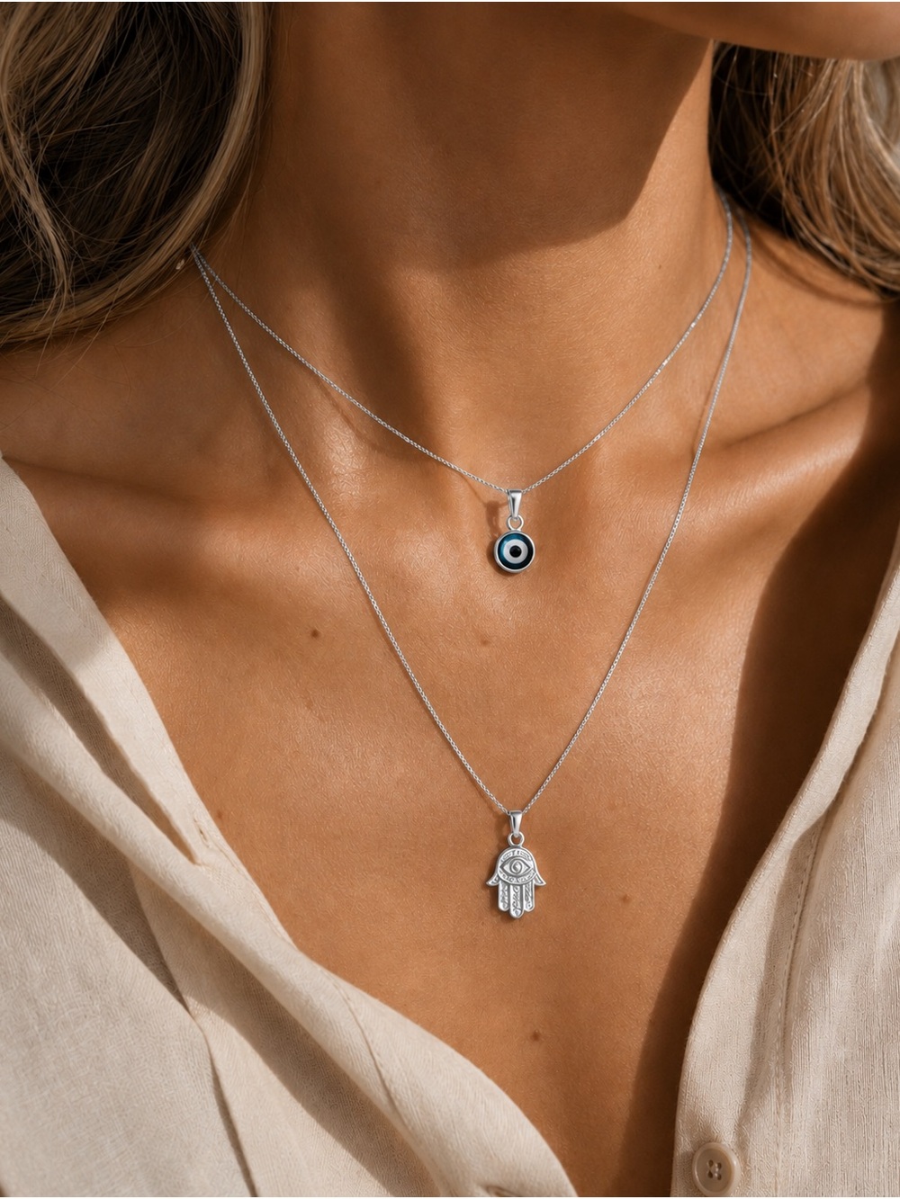 Silver Tone Evil Eye Hamsa Hand Pendant Necklace Set Layering Jewelry 2 Piece
